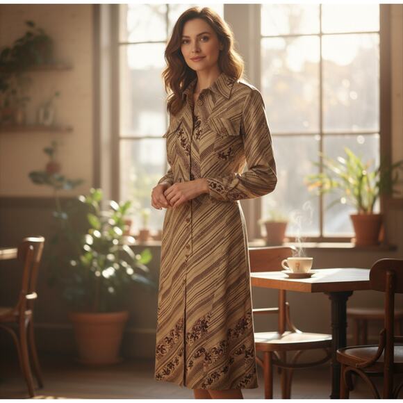 True Vtg. Handmade 70s Dress Long Sleeve Breast Pockets Fall Academia Size 14 - Picture 1 of 12